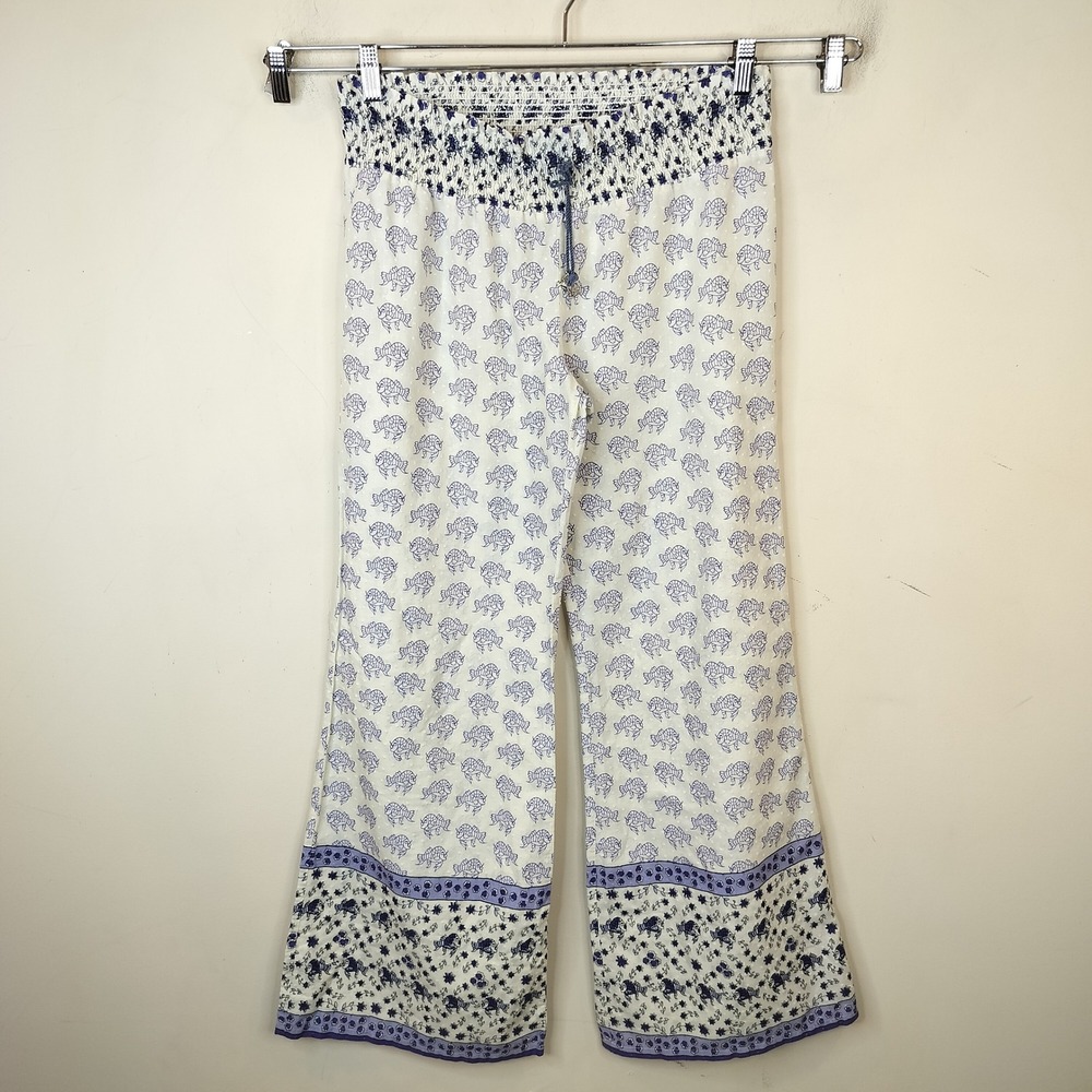 Lilka Anthropologie Fish Print Pant Wide Leg Medium Smocked Boho Purple White